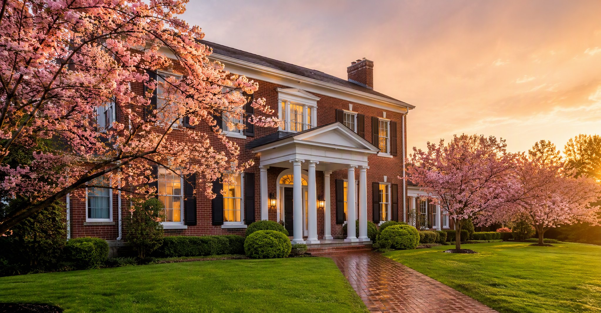 Brick colonial home with white columns and blooming cherry trees at golden hour in Macon, GA